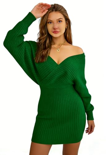 Image of Womens Batwing Long Sleeve Wrap V Neck Bodycon Sweater Dress Winter Cocktail Wedding Guest Dresses