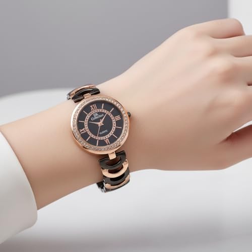 Image of IIK COLLECTION Watches for Women Round Studded Dial |Analogue Quartz Movemnet Ladies Watch|Long Battery Life|Stainless Steel Adjustable Bracelet Chain Strap|Double Lock Clasp Safety Watches for Girls