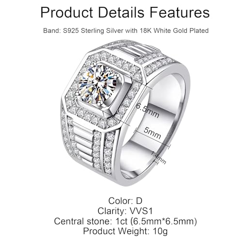 1CT Moissanite Rings for Men Sterling Silver Engagement Ring Simulated Diamond D Color VVS1 Clarity Round Cut Moissanite Ring Mens Pinky Ring Size 7-152