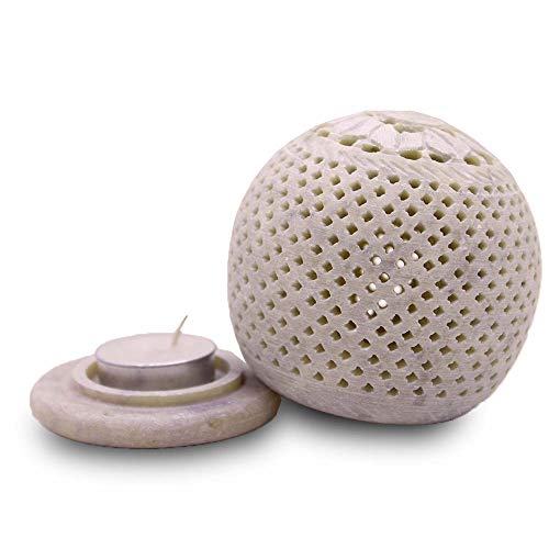 Soapstone Tea Light Candle Holder Wax Burner - Handmade Round Jali Carving For Gifting. Decorative Lantern For Home And Kitchen Decor #TOP4