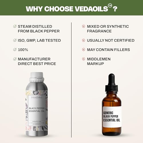 Image of VedaOils Black Pepper Essential Oil 100ml | 100% Pure Black Pepper Oil for Aromatherapy, Massage & Pain Relief | Therapeutic Grade Warm, Spicy Oil for Diffusers & Wellness