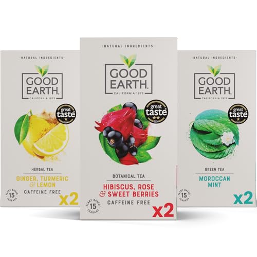 Image of Good Earth Tea Co. Variety Pack - 6 Box Gift Set of Herbal, Fruit & Green Tea Featuring Moroccan Mint, Hibiscus, Sweet Berries & Rose and Ginger, Turmeric & Lemon Tea Bags - 90 Plant-Based Teabags