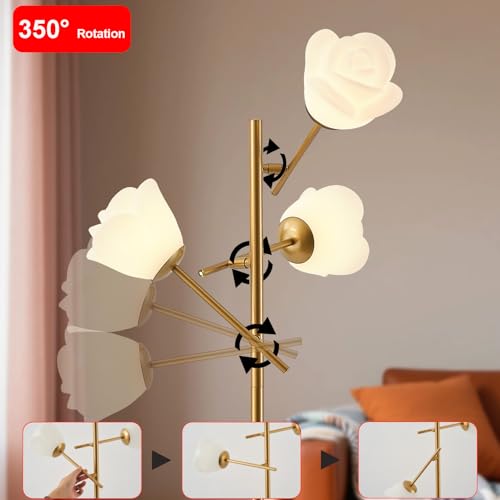 Image of Fiqevs Mid Century Modern Floor Lamp with 3 Adjustable Flower Shade - Floral LED Standing Light with Foot Switch & Light Bulb, Sputnik Tree Lamp for Living Rooms Bedrooms - Antique Brass /Gold