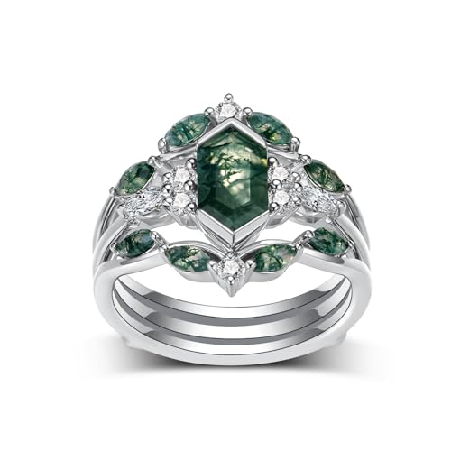 2.5 Carat(ctw) Elongated Hexagon Natural Moss Agate Engagement Rings Sets for Women,10K 14K 18K Solid Gold Moissanite Leaf Wedding Bands Sets with Free Engraving | IGI or GRC Certificate