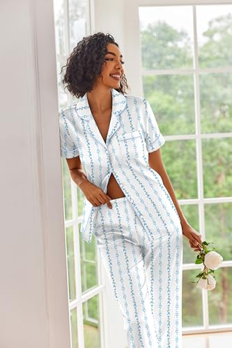 Image of Ekouaer 2 Piece Satin Short Sleeve Pajamas Set Button Down Sleepwear | Soft Pjs Set Classic Loungewear for Wedding, Party, Home, Daily Wear, Date Nights