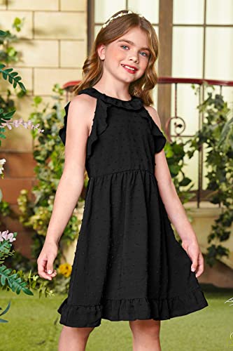 Besserbay Child Girls Cold Shoulder Ruffle Sleeveless Halter Dress Swiss Dot Black Tween Tunic Dress 9-10 Years #TOP2