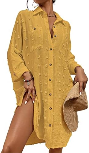 Bsubseach Women Swimsuit Coverup Button Down Shirt Dresses Swiss Dot Tops