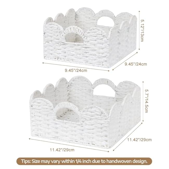 Scalloped Wicker Basket Natural Paper Rope Storage Baskets with Handles Handwoven Organizer Bin Wicker Storage Baskets for Home Decor, Organizing, 2 Pack (White)