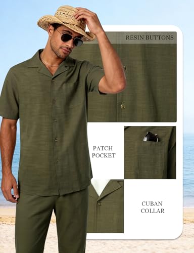 Image of JEMITOP Men's 2 Piece Outfits Summer Relaxed Fit Walking Suit Casual Cuban Guayabera Shirt and Pants Set Beach Vacation