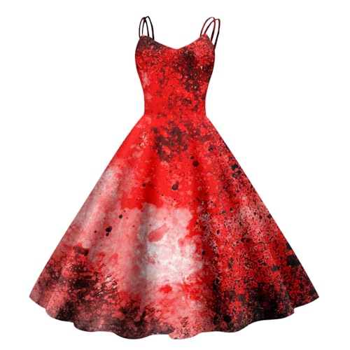 Gruselig Blutige Zombie Braut Kostüm Damen| Halloween Kostüm Damen Frauen- Horror Elegant Brautkleid Gothic Kleidung Mittelalter Kleidung Vintage Ärmellos Aufdruck Halloween Spaghettiträger