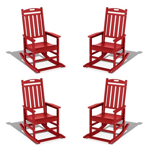 LOUNZY Outdoor Rocking Chair with Footboards Set of 4, HDPE Rocking Chair Patio Porch Rocker with 380lbs Support for Adult, Dark Red Set of 4 Dark Red