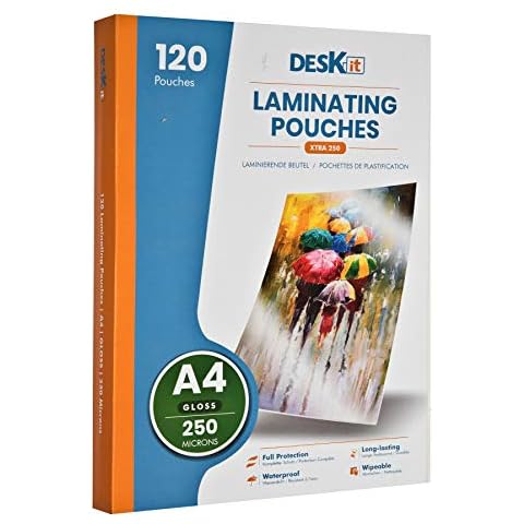 Deskit Extra-Strong Laminating Pouches, A4 Gloss, 250 Microns, 120 per Pack. Create Clear and Durable Presentations - Extra-Strong for Long-Lasting Documents Cover