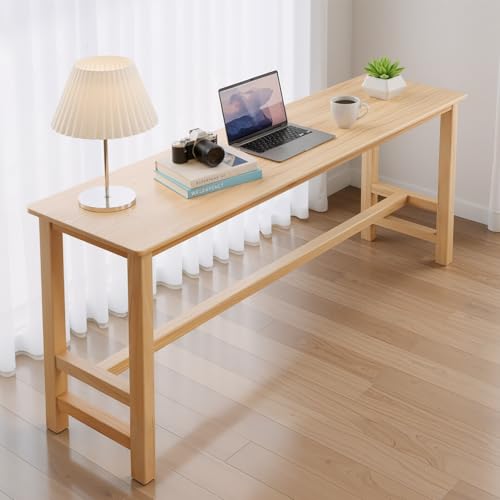 Mesa de bar de madera maciza, mesa de comedor estrecha y larga con patas altas, madera de caucho, perfecta para el hogar, comedor o sala de estar, redonda (color madera, 55 x 17.7 x 41 pulgadas)