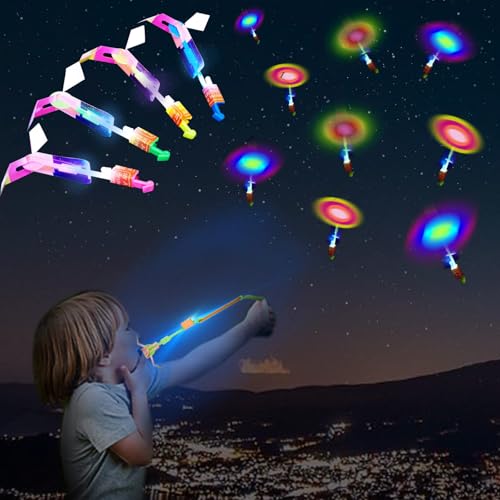 WELLVO 30 Pack Rocket Helicopter with LED Lights 30 Launchers + 30 Glow Rocket Helicopters Glow in The Dark Party Supplies Flying Outdoor Toys Party Favors for Kids 8-12,4-8