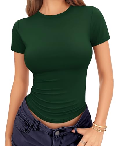MANGOPOP Fitted Crew Neck Short Sleeve Shirts for Women Basic Tees Tops