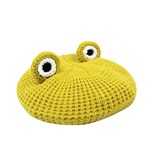 LEOMOSTE Little Girls Boys Cute Frog Cartoon Beret Winter Knit Beanie Hat Cap with Lovely Big Eyes Yellow