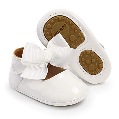 Image of Baby Girls Mary Jane Flats with Bowknot Flowers Princess Wedding Dress Ballet Shoes Non-Slip Toddler First Walkers Newborn Crib Shoes