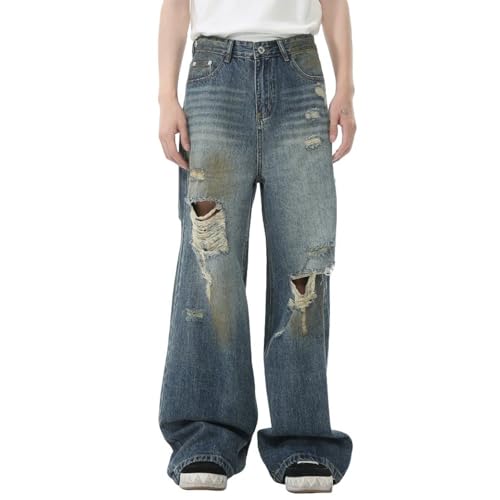 Men's Wide Leg Jeans Mid-Rise Casual Ripped Vintage Dyed Straight Floor-Mopping Denim Trousers with Pockets