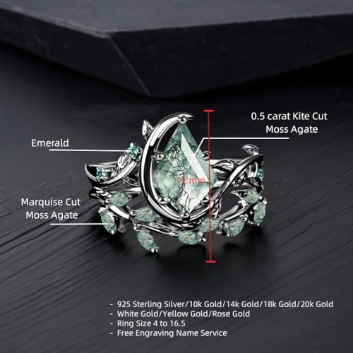 Genuine Green Moss Agate Ring Set For Women Moss Agate/Blue Sandstone/Alexandrite Unique Leaf Art Deco Kite Shaped Natural Moss Ring Bridal Ring Set Anniversary Wedding Gifts (Moss agate)2