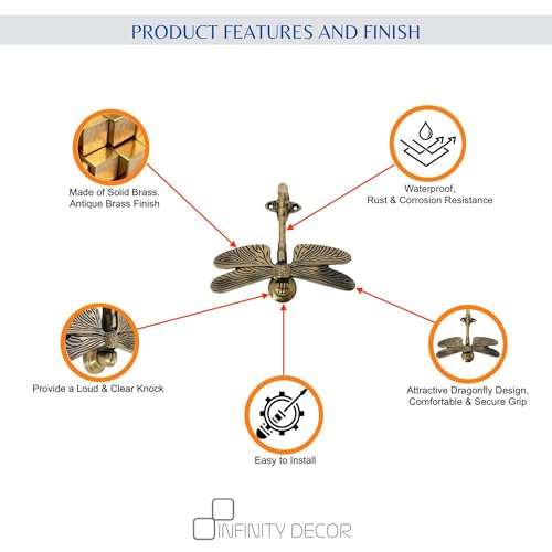 Infinity Decor Türklopfer aus massivem Messing, Libellenform, poliertes Messing-Finish, Vintage-Stil, für Eingangstür, Möbel