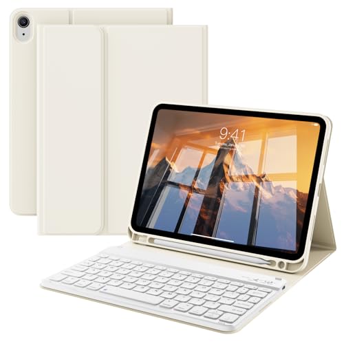 kenke Keyboard Case for iPad 10th Generation (10.9 Inch 2022) / iPad A16 11th Generation (11 inch 2025) with Pencil Holder, Stand Folio Detachable Wireless Bluetooth Keyboard Cover, Cream White