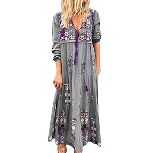 aihihe Women Long Sleeve Plus Size Dresses Summer Casual High Waist V Neck Floral Print Boho Button Up Maxi Dress