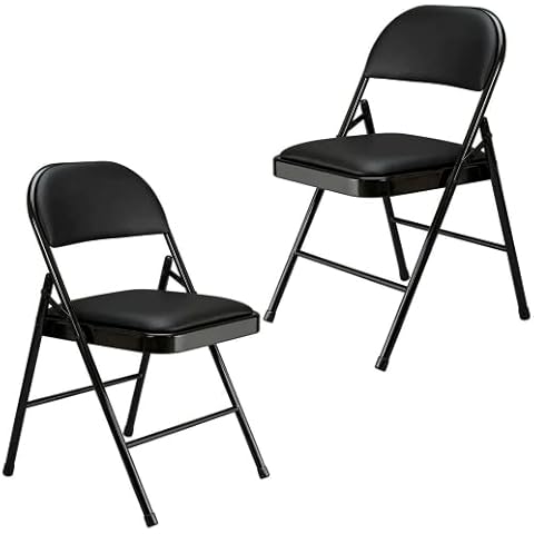 Folding Faux Leather Chair - Padded Event Seats Metal Frame Foldable chair, Easy Storage Comfortable Seat for Home, Dining & Office | Computer Desk Chairs (Black) (2) Cover