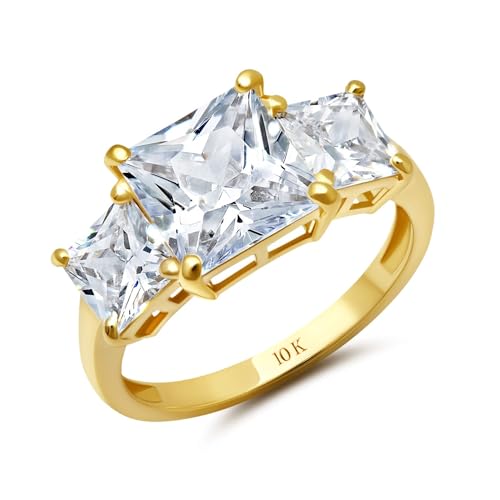 MAX + STONE 4 1/2 Carat Princess Cut Cubic Zirconia Three Stone Ring for Women in 10k White or Yellow Gold (4.5 ct.tw) Anniversary or Engagement Ring in CZ Size 4.5 to 9