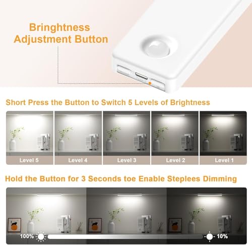 Image of Auxoda Under Cabinet Lighting, 2 Pack Motion Sensor Light Indoor, Rechargeable Closet Lights Battery Operated, LED Lights for Bedroom, Wireless Dimmable Cabinet Lights