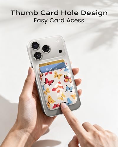 Image of Magnetic Mag-safe Wallet Cell Phone Card Holder for Phone Case with Mag-Safe, Stronger Magnetic RFID Leather Stick on Phone Wallet Compatible with iPhone 17 /16 /15 /14 /13 /12 Series, Butterfly Color