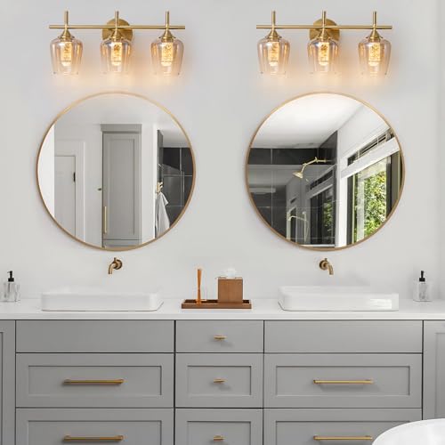 Image of foucasal 3 Light Brushed Gold Vanity Lights, Dimmable 5CCT Bathroom Light Fixtures with Gradient Glass Shades, Modern LED Vanity Lights for Over Mirror Bedroom Hallway