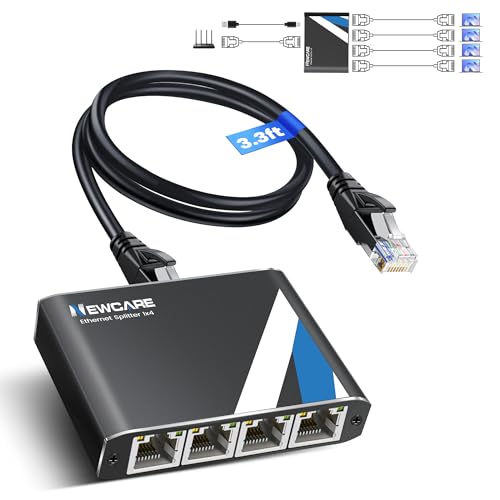 NEWCARE Gigabit Ethernet Splitter 1 to 4 with 3.3ft LAN Cable 1000Mbps High Speed 1 in 4 Out RJ45 Multi Port Internet Splitter for Cat5e/6/7/8 4 Devices Simultaneously Networking Plug & Play