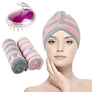 Turban handdoek 2 stuks haardoek microvezel superabsorberende sneldrogende haartulband met knoopdesign (haardroger handdoek 2 stuks + paarse hoofdhuid massageborstel)