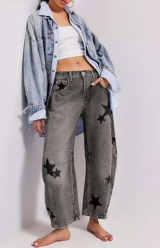 loveimgs Women's Mid Rise Barrel Jeans Wide Leg Baggy Printed Loose Y2k Boyfriend Denim Pants Horseshoe Jeans3