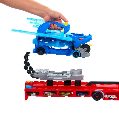 Image of Hot Wheels City Toy Car Track Set, Ultimate 2-in-1 Dragon Transporter and 2 Die-Cast Cars, Large Dragon and Removable Dragon with Space for More Than 20 Vehicles, JKJ79