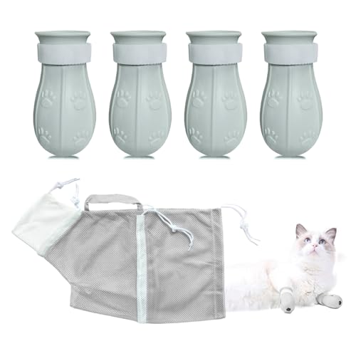 Image of Anti-Scratch Silicone cat Shoes,Cat Claw Covers,Adjustable Multifunctional Anti-Bite Shower net Bag,Cat Grooming Mesh Bag,Cat Bathing Bag(Grey-2)