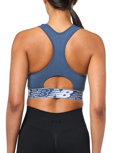 Image of New Balance Womens Seamless Wirefree, Racerback Sports Bra with Removable Pads, Bottom Band with Logo, Vintage Indigo, Medium