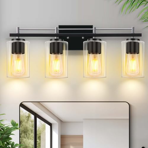 4-Lights Black & Silver Bathroom Light Fixtures Over Mirror, Modern Vanity Light with Clear Glass Shade, Bathroom Wall Lamp for Mirror Kitchen Bedroom Hallway