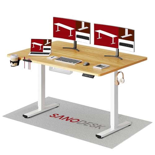 SANODESK Höhenverstellbarer Schreibtisch 140×60 cm - Ergonomischer Standing Desk mit großem Arbeitsbereich, sicherem Anti-Kollisions-Schutz & praktischem Zubehör(ahorn)