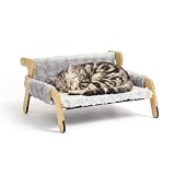 Relaxdays Katzenbett flauschig, erhöhter Katzenhängesessel, HxBxT: 28,5x53x45,5 cm, Katzenliege Kiefernholz, grau/Natur