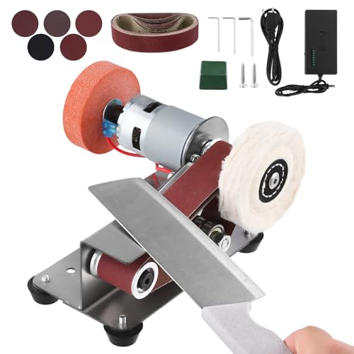 QWORK® Ponceuse à bande électrique, ponceuse à bande, ponceuse de table à 15 degrés, réglable sur 7 niveaux, acier inoxydable 304
