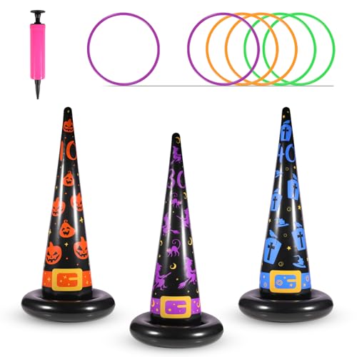 brorise Halloween Ring Toss Game Set Inflatable Witch Hat Ring Toss Game with Plastic Rings and Air Pump Super Fun Halloween Games for Family Party Supplies Halloween Decorations
