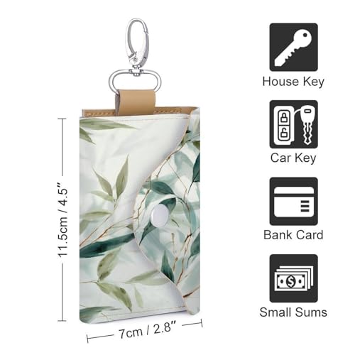 Light Green Leaves Key Holder Bag PU Leather ID Card Holder Keychains Case Cover for Men Women2