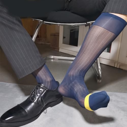 Mens Thin Silk Formal Dress Socks See Through Sheer Tube Socks Male Suit Business Dress Striped Long Knee Socks3