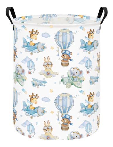 Round Fabric Collapsible Storage Basket with Handles, Airplane Animal