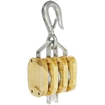 16900136 6" Triple Wood Manila Rope Block with Hook, 3200 lbs Load Capacity, 3/4" Rope, 3-1/2" Sheave
