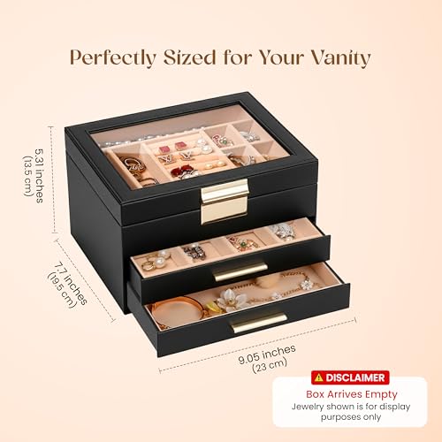 Image of Birch & Co. Jewellery Box - 3 Layer Jewellery organizer storage box, Portable Travel-Friendly Storage. Elegant Super Premium Storage Case for Rings, Earrings, Necklaces & Bracelets, Noir