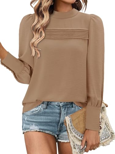 Magritta Puff Long Sleeve Shirts for Women Dressy Casual Fall Fashion Pleated Solid Color Blouse Fitted Mock Neck Tops