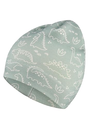 Sterntaler Beanie Saurier – Jungen Mütze aus Sweat mit Flauschiger Rückseite, Bedruckt mit Dino-Motiven, elastisch und bequem, steingrün, Größe 49