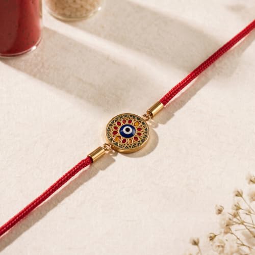 Image of PALMONAS Demifine 18K Gold Plated Evil Eye Rakhi for Brother - Waterproof & Anti-Tarnish Designer Rakhi for Men | Premium Raksha Bandhan Rakhee with Roli Chawal